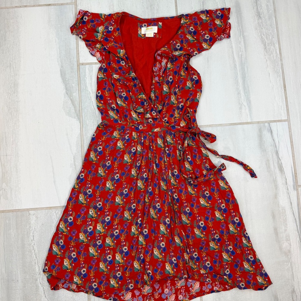 Maeve Anthropologie Red Floral Flutter Sleeve Wrap Mini Dress 00P